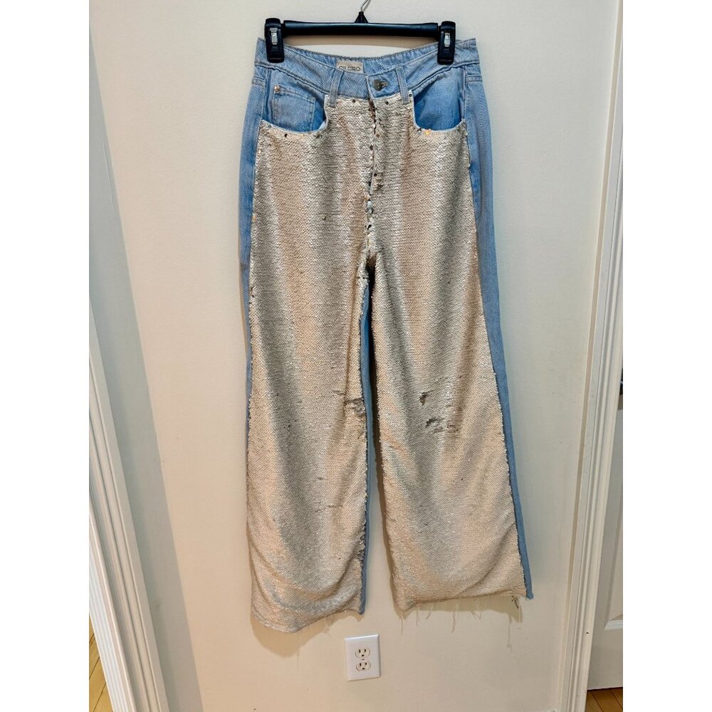 Pilcro High Rise Wide Leg Sequin Skater Jeans 100% Cotton Denim & Embellishments - Picture 4 of 11